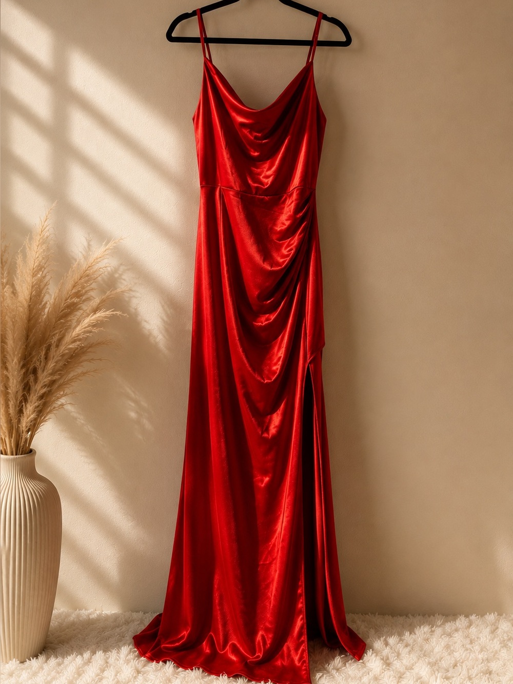 B Darlin Red Satin Cowl Neck Formal Maxi Gown